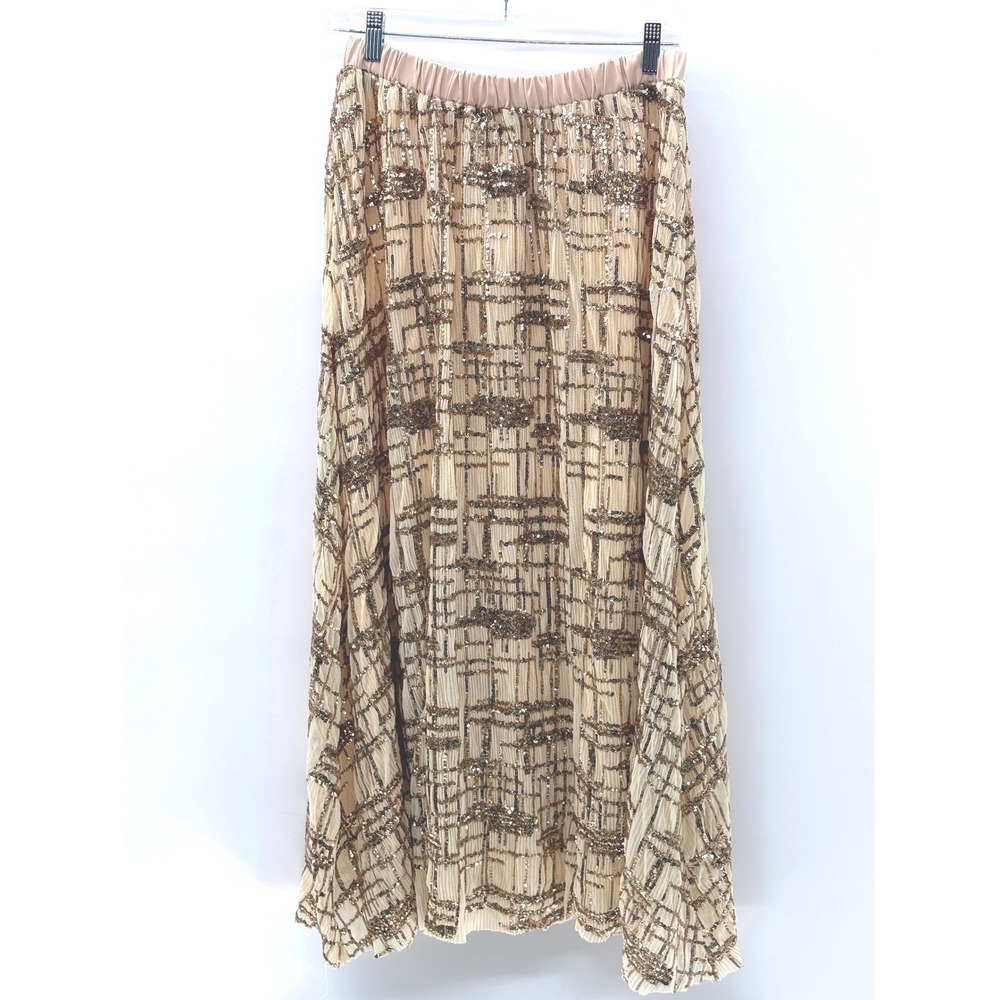 New Free People En Saison Midi Skirt Romi Sequin Gold‎ Flowy Boho Glam Medium - Picture 5 of 12